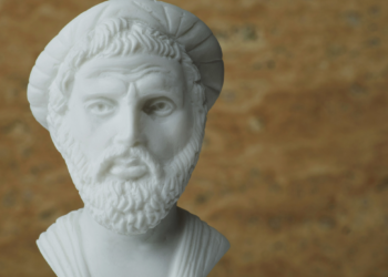 Statua Pitagorasa z Samos, przedstawiająca go jako myśliciela i matematyka, z charakterystycznym dla filozofów wyglądem.